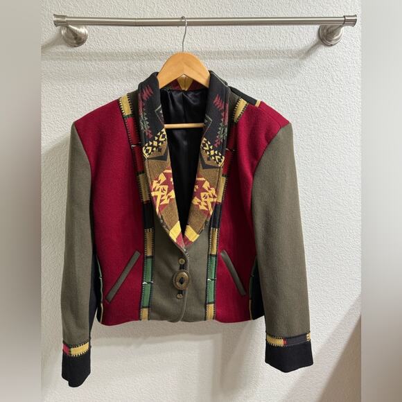 Vintage 90s Southwestern/Western Wool Jacket Red Green Yellow Women’s Medium - Picture 2 of 8